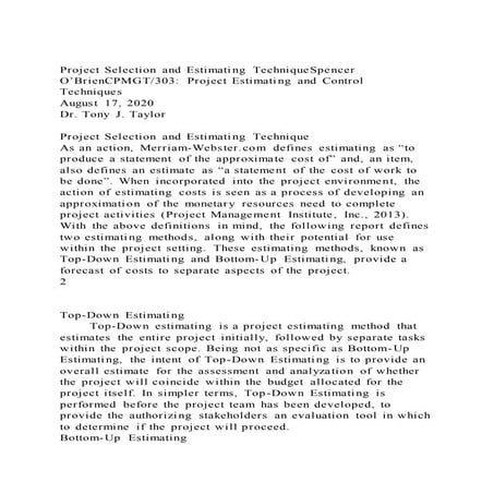 Project selection and estimating technique spencer o’briencpmgt303