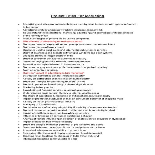 MBA Project titles for Marketing