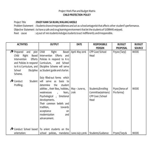 Project work plan and budget matrix  cp 2016