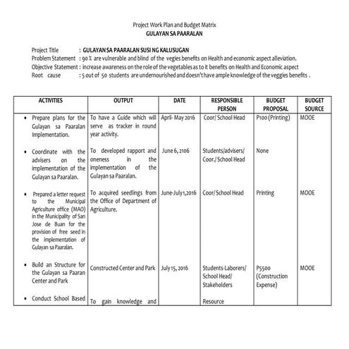 Project work plan and budget matrix  gulayan 2016