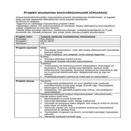 Projekti alustamise checklist v2 näidis