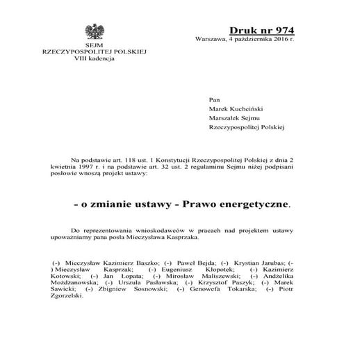 Projekt ustawy o zmianie ustawy prawo energetyczne druk sejmowy 947 | PDF