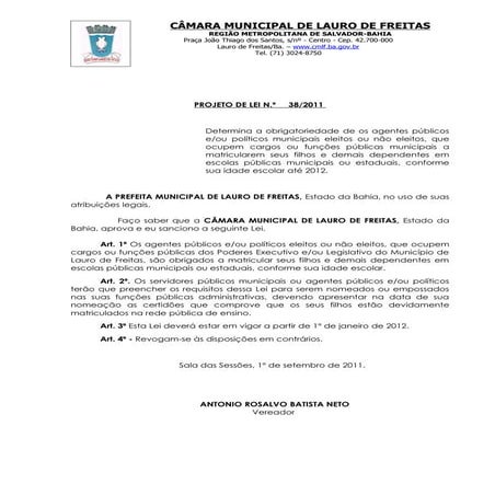 Projeto de Lei nº 038/2011