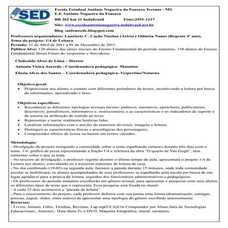 Projeto 1/4 de leitura - E.E. Antônio Nogueira