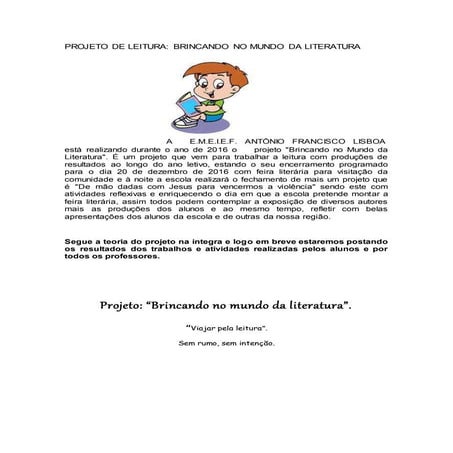 Projeto de leitura. 1º ao 9º ano
