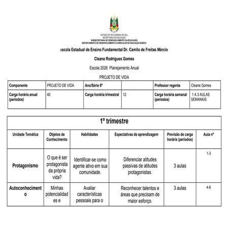 Plano Anual do Projeto de Vida para 8º Ano do Ensino Fundamental | DOCX