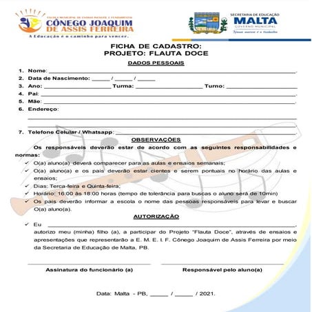 Projeto flauta doce ficha de inscrição
