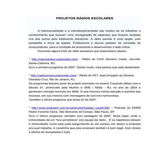 Projetos rádio escolares