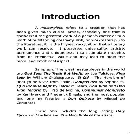 World Literature Sample Masterpieces (Summary)