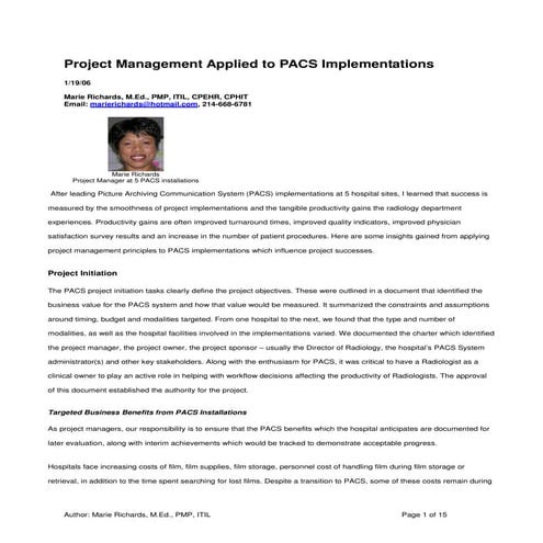 Project Management Applied to PACS Implementations