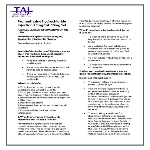Promethazine HCl Injection USP Taj Pharma PIL