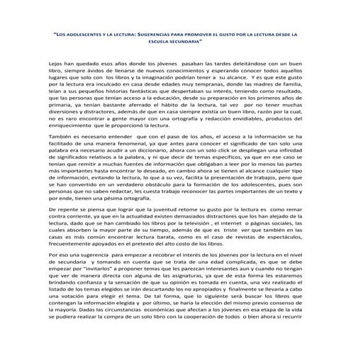 Los adolescentes y la lectura: Sugerencias para promover el gusto por la lect...