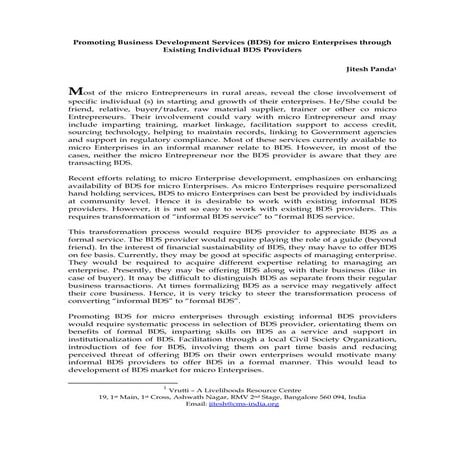 Promoting BDS for micro Enterprises through existing Individual BDS Providers...