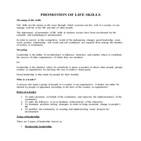 Promotion of life skills