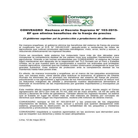 Pronunciamiento Conveagro  rechaza el DS 103 del MEF sobre franja de precios
