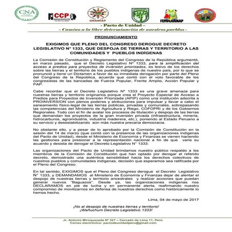 Pronunciamiento del pacto de unidad sobre d l1333  04 de mayo