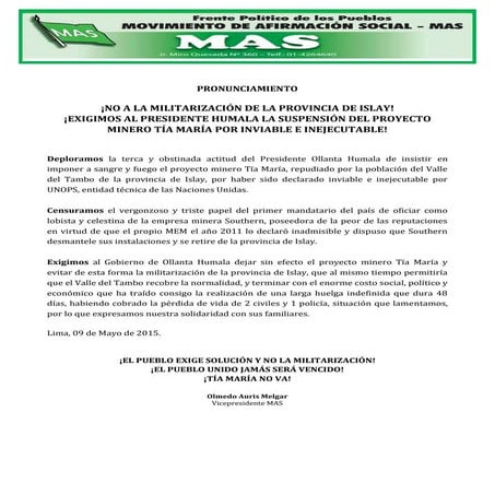 Pronunciamiento tia maria no va