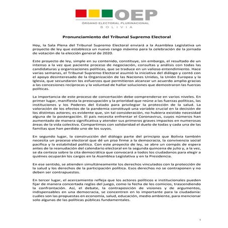 Pronunciamiento del TSE sobre las elecciones.