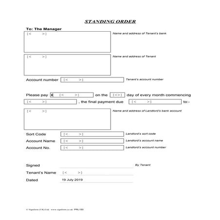 Property letting form to set up tenants standing order