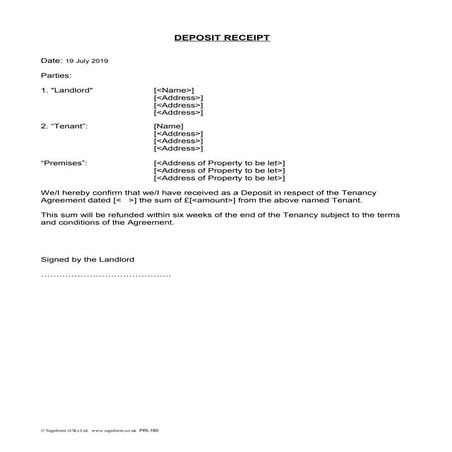 Property letting   receipt for tenants deposit