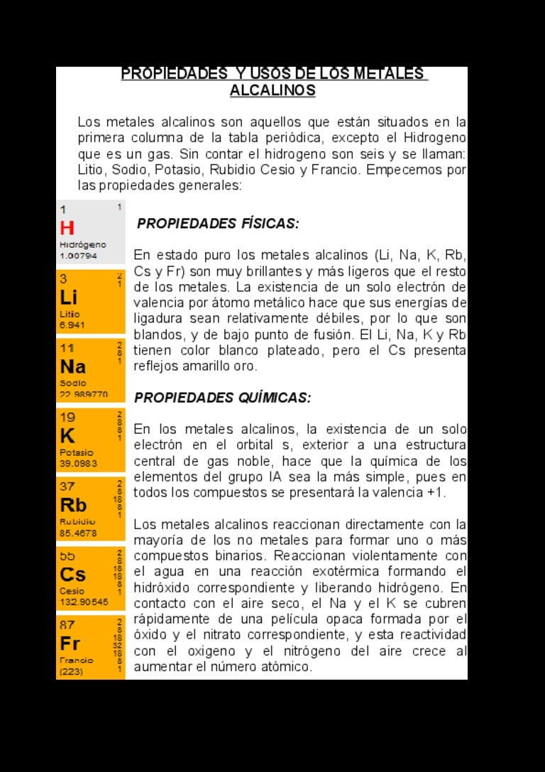 Propiedades y usos de alcalinos