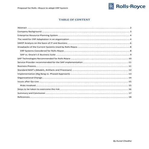 Proposal for rolls royce to adapt an erp system