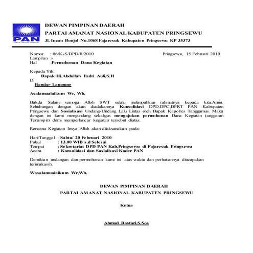 Proposal kegiatan sosialisasi gembok pengaman dpd pan