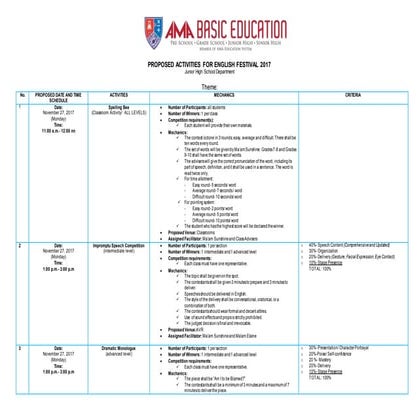 Proposed activities for english festival 2017