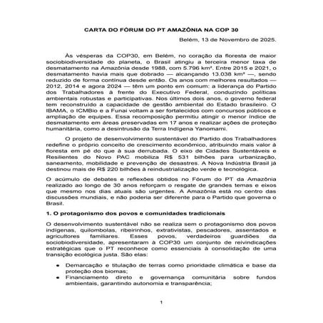 ÍNTEGRA CARTA DO FÓRUM DO PT AMAZÔNIA NA COP 30