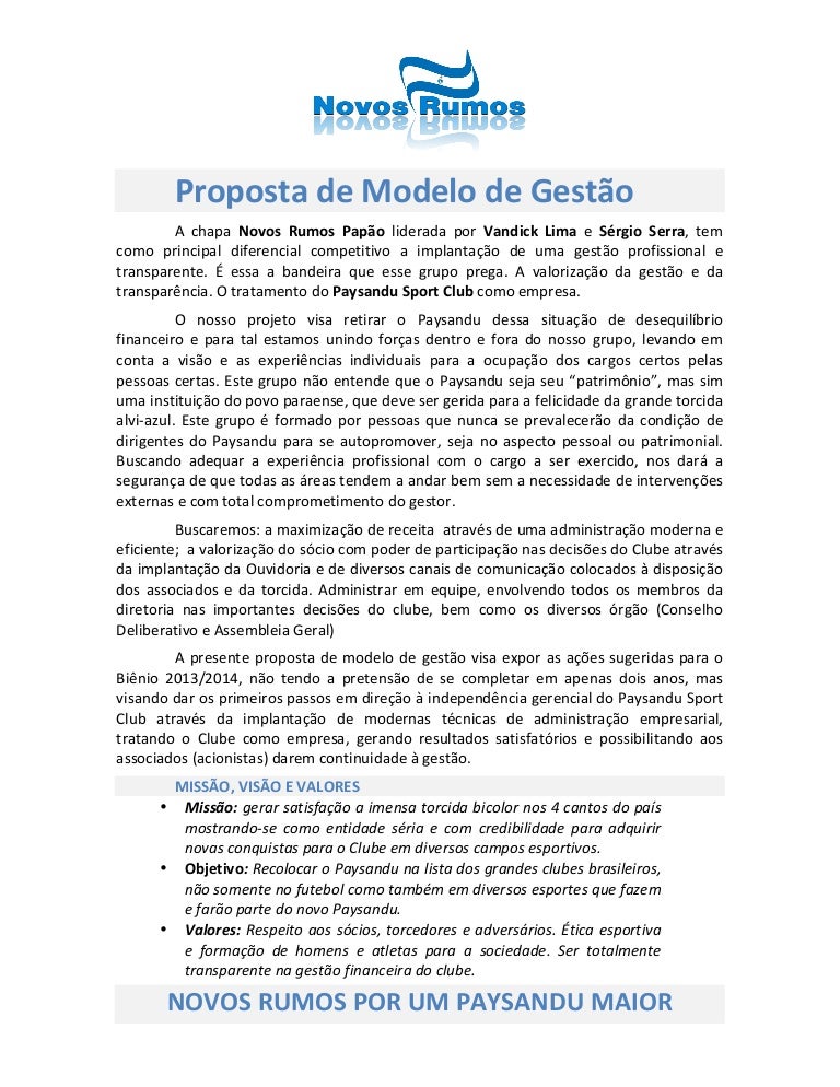 Novos Rumos: Proposta de Modelo de Gestão 2013/2014