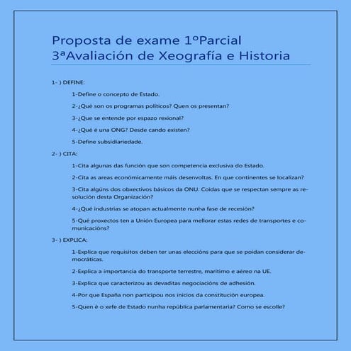 Proposta de exame 1ºparcial 3ªavaliación de xeografía e historia