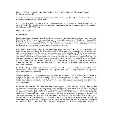 Una propuesta interdisciplinar en la Formación Inicial del Profesorado de Educación Infantil basada en PBL
