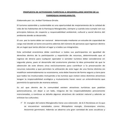 Propuesta de actividades turísticas a desarrollarse dentro de la parroquia ma...