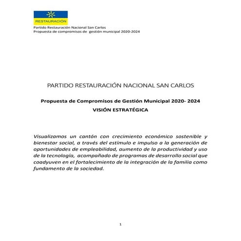 Propuesta de compromisos de gestión municipal 2020 2024 - Partido Restauración Nacional