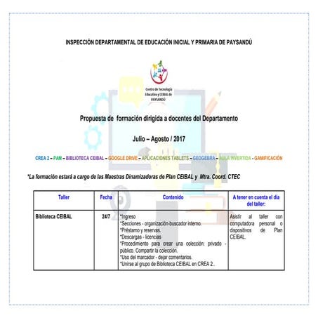 Propuesta de formación  en tecnología para docentes  2017