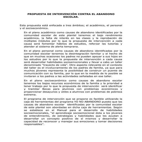 Propuesta de Intervención para el abandono escolar | PDF