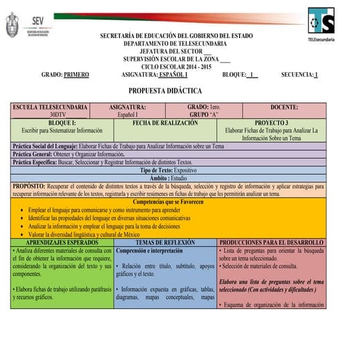Propuesta Didactica 2015 (Español I) Primer Grado