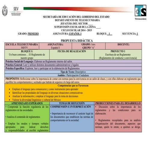 Propuesta Didáctica 2015 Español Primer Grado (Proyecto 1)