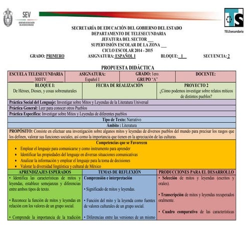 Propuesta Didáctica 2015 Español Primer Grado (Proyecto 2)