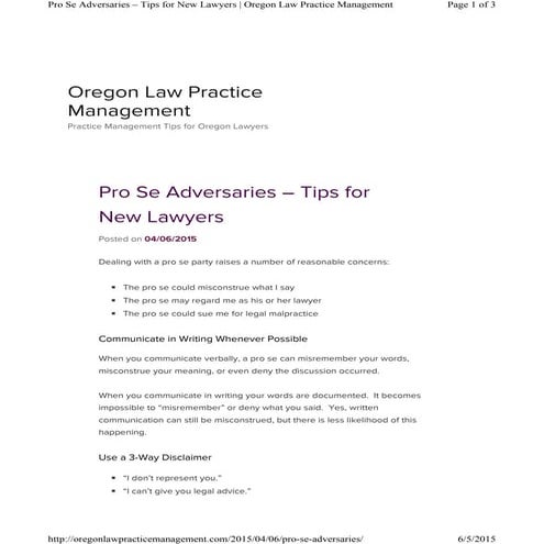 Pro se adversaries - Tips for new lawyers