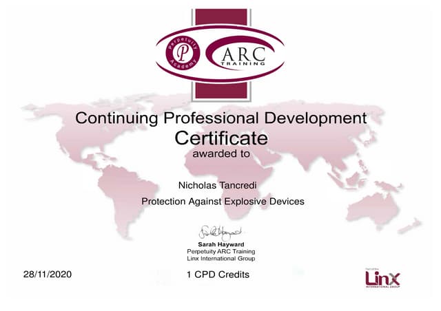 Protection Against Explosive Devices certificate