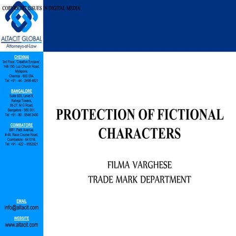 COPYRIGHT PROTECTION FOR FICTIONAL CHARACTERS | PPTX