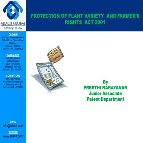 Protection of plant variety and farmer's right act  2001