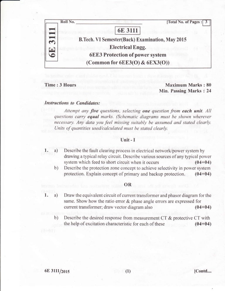 Protection of Power System Paper (RTU VI Semester)