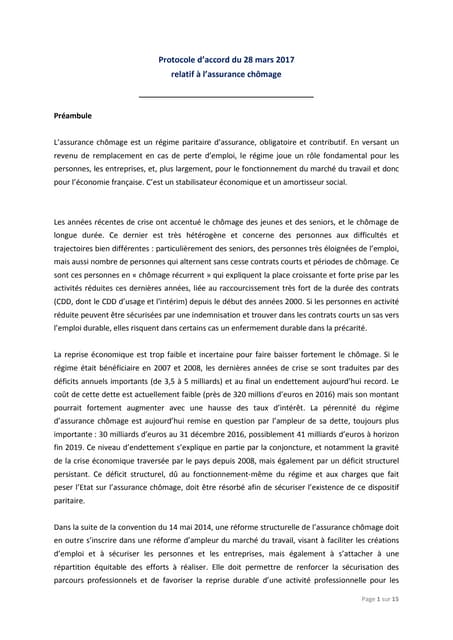 Protocole d'accord de l'assurance chômage du 28 mars 2017 