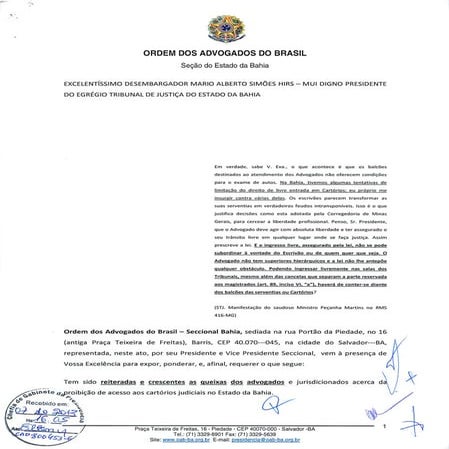 Retirada das cancelas nos cartórios - Protocolo na Presidência do TJ-BA