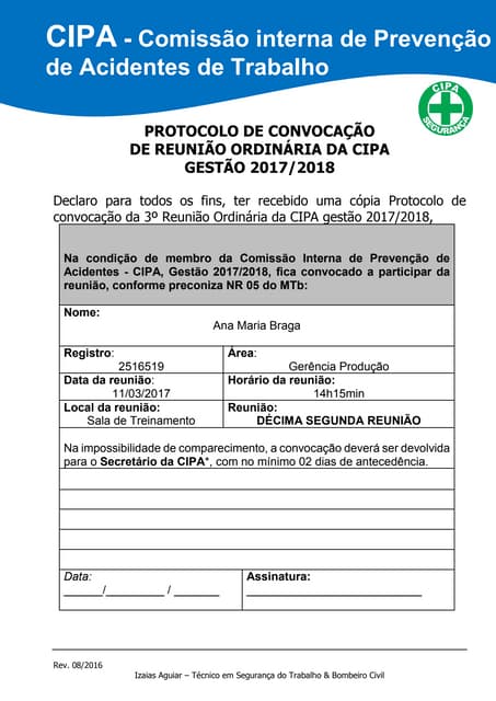 Protocolo de Entrega de Ata da Reunião da CIPA