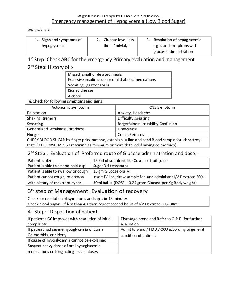 Protocol of hypoglycemia management
