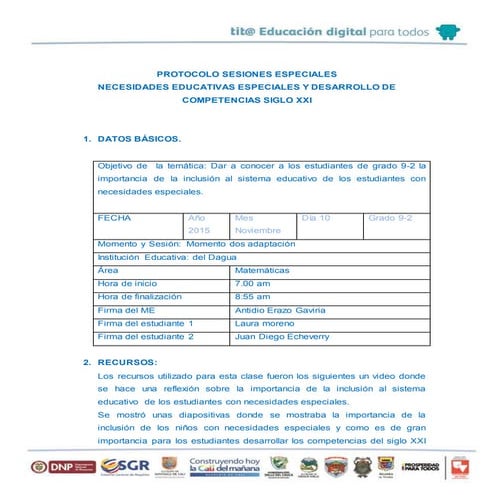 Modelo protocolo sesiones especial necesidades educativas especiales | DOCX