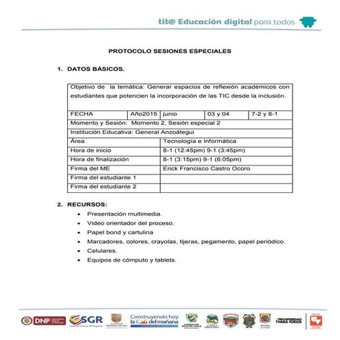 Modelo protocolo sesiones especial necesidades educativas especiales | DOCX
